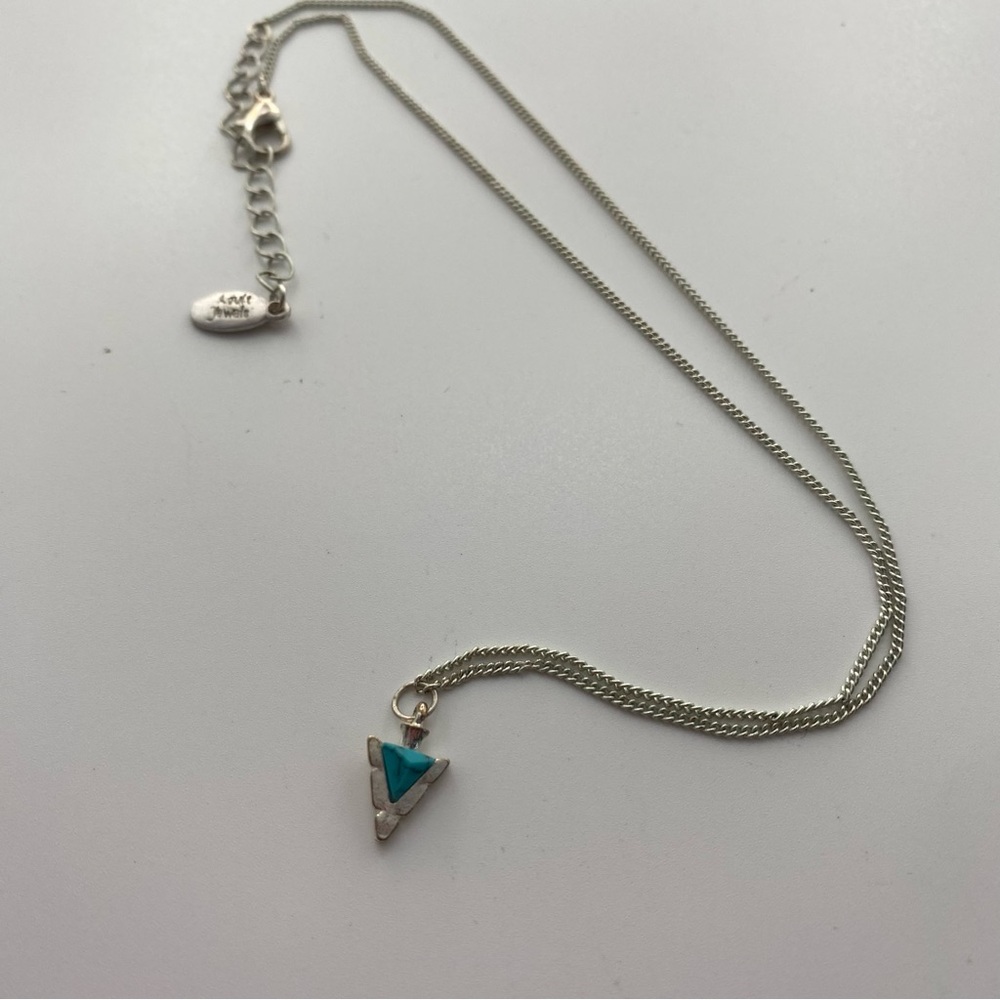 Adult Jewels Signed Silvertone Necklace Triangular Turquoise Pendant 16”